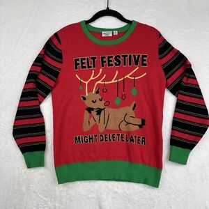 Womens Mighty Fine M Christmas Sweater Felt Festive Reindeer Selfie Ugly